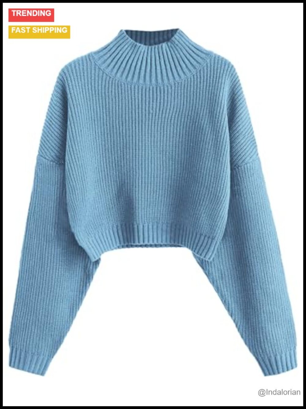 Cropped Turtleneck Sweater Lantern Sleeve Ribbed Knit Pullover